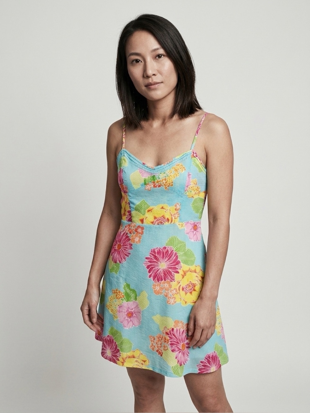 Aeropostale Blue Pink Tropical Print Spaghetti Strap Sundress